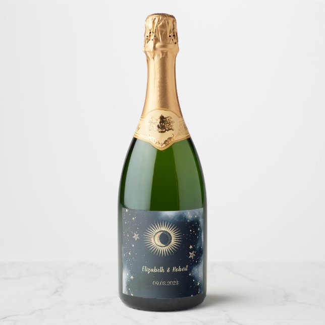 Celestial Gold Sun And Moon Stars Night Sky Sparkling Wine Label (Front)