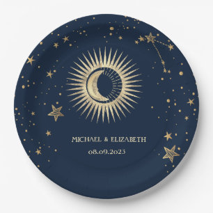 Celestial Gold Sun And Moon Stars Paper Plate