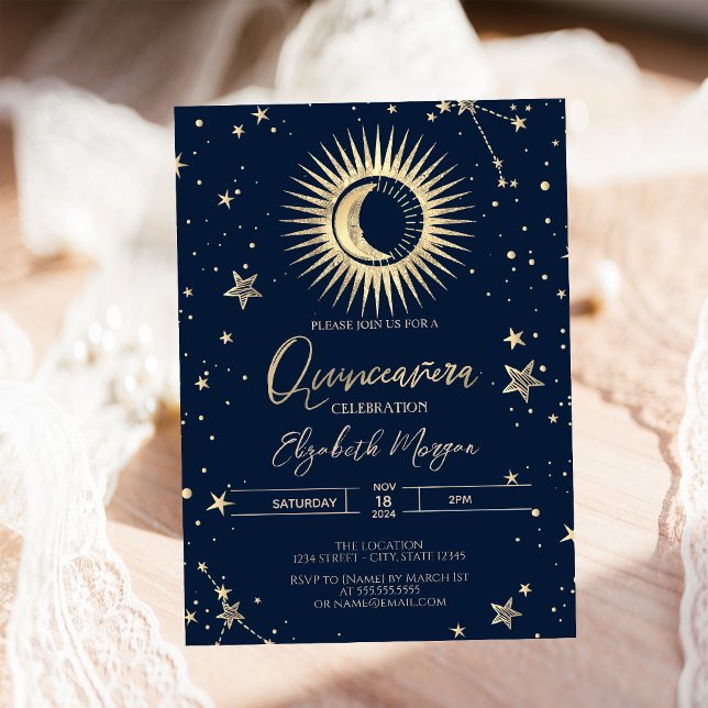 Celestial Gold Sun And Moon Stars Quinceanera Invitation (Creator Uploaded)