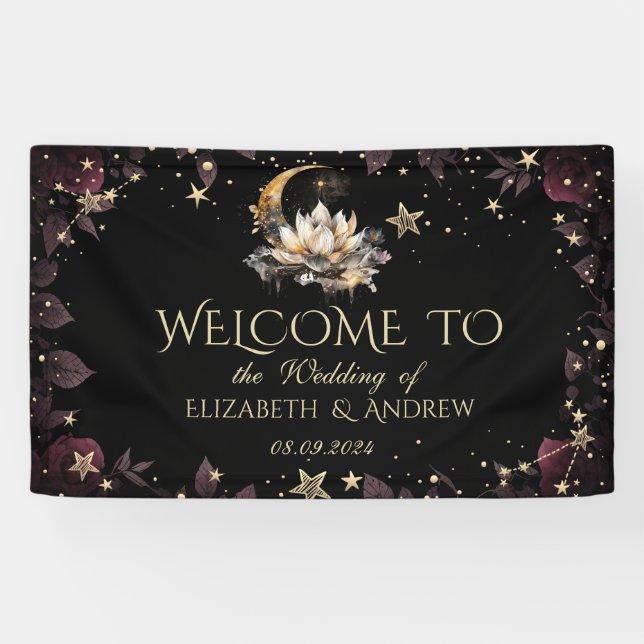 Celestial Gold Sun And Moon Stars Roses Night Sky Banner (Horizontal)
