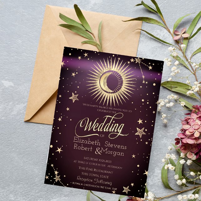 Celestial Gold Sun And Moon Stars Wedding Burgundy Invitation (Creator Uploaded)