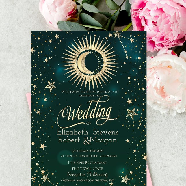 Celestial Gold Sun And Moon Stars Wedding Green Invitation (Creator Uploaded)