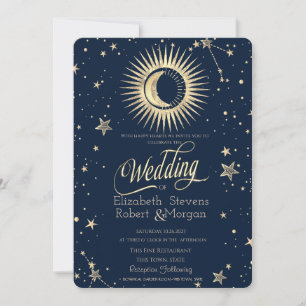Celestial Gold Sun And Moon Stars Wedding   Invitation