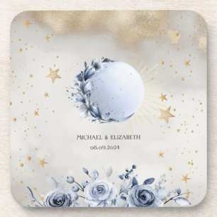 Celestial Gold Sun,Blue Moon Roses Gold Stars Coaster