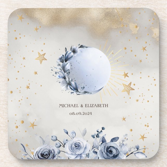 Celestial Gold Sun,Blue Moon Roses Gold Stars  Coaster (Front)