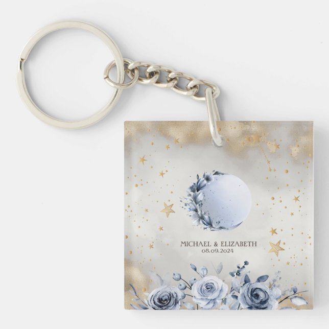 Celestial Gold Sun,Blue Moon Roses Gold Stars  Key Ring (Front)
