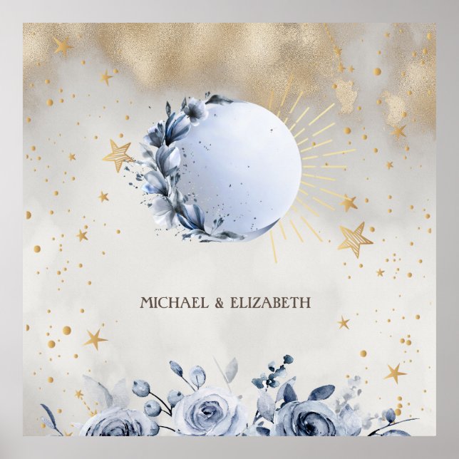 Celestial Gold Sun,Blue Moon Roses Gold Stars Poster (Front)