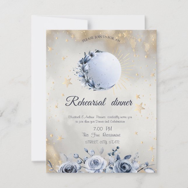 Celestial Gold Sun,Blue Moon Roses Stars Invitation (Front)