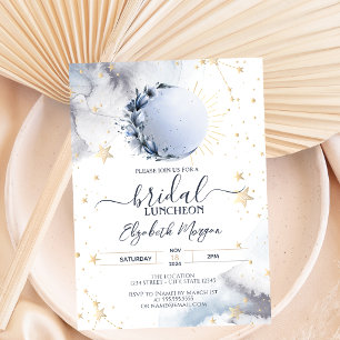 Celestial Gold Sun,Blue Moon,Stars Bridal Luncheon Invitation