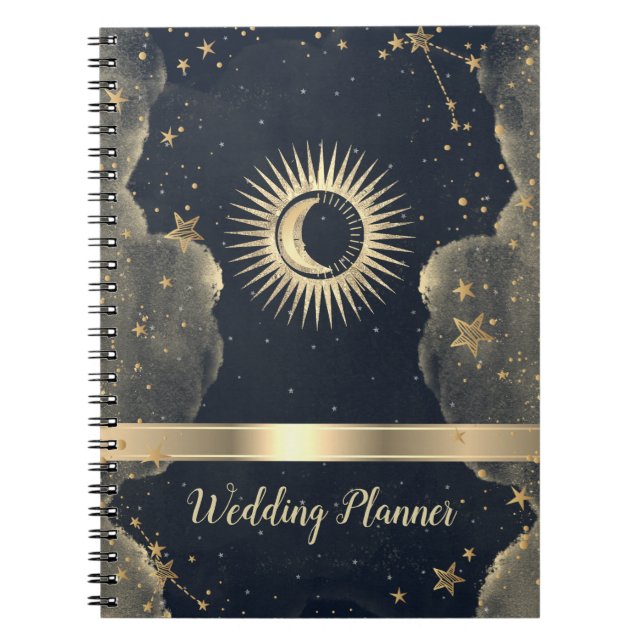 Celestial Gold Sun,Moon,Clouds Stars Night Sky  Notebook (Front)