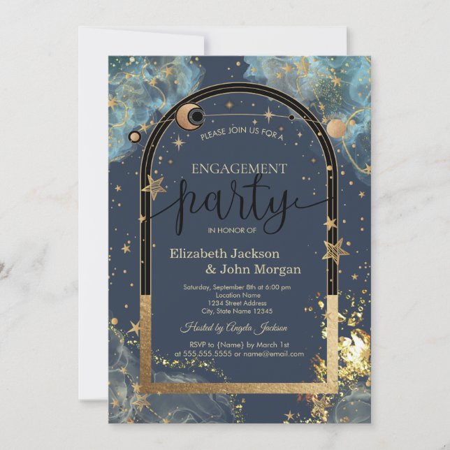 Celestial Gold Sun Moon Gold Glitter Engagement   Invitation (Front)