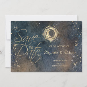 Celestial Gold Sun,Moon,Stars Dark Watercolor  Save The Date