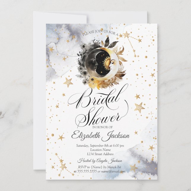 Celestial Gold Sun,Moon,Stars Flower Bridal Shower Invitation (Front)