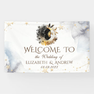 Celestial Gold Sun,Moon,Stars Flowers Banner