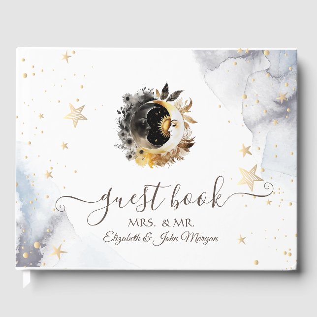 Celestial Gold Sun,Moon,Stars Flowers Guest Book (Front)