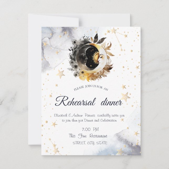 Celestial Gold Sun,Moon,Stars Flowers Invitation (Front)