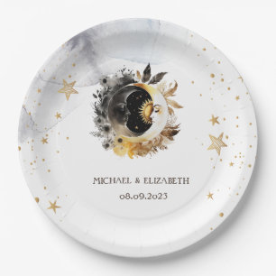 Celestial Gold Sun,Moon,Stars Flowers Paper Plate