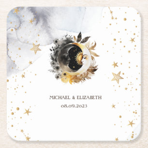 Celestial Gold Sun,Moon,Stars Flowers Square Paper Coaster