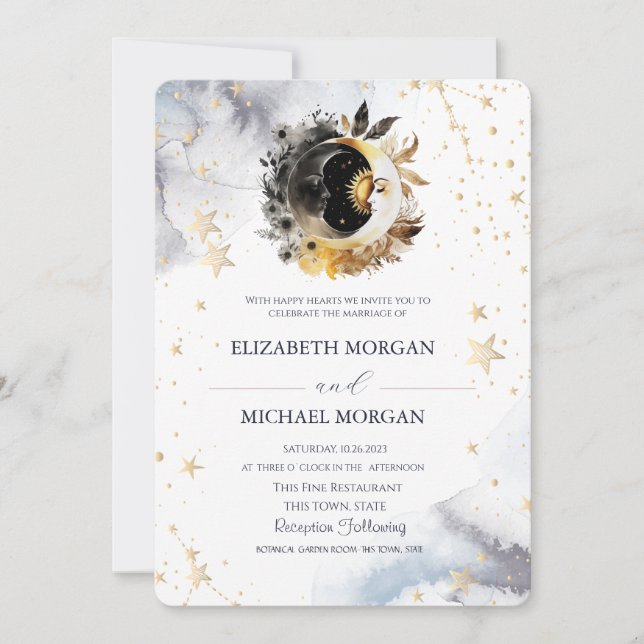 Celestial Gold Sun,Moon,Stars Flowers Wedding  Invitation (Front)