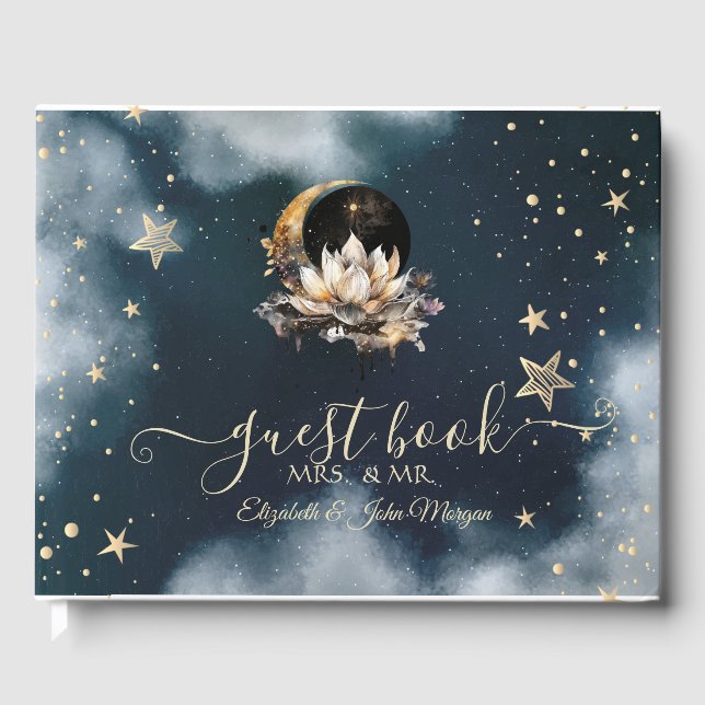 Celestial Gold Sun,Moon,Stars Lotus Night Sky  Guest Book (Front)