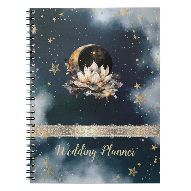 Celestial Gold Sun,Moon,Stars Lotus Night Sky  Notebook (Front)