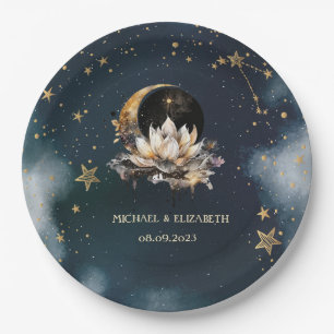 Celestial Gold Sun,Moon,Stars Lotus Night Sky  Paper Plate