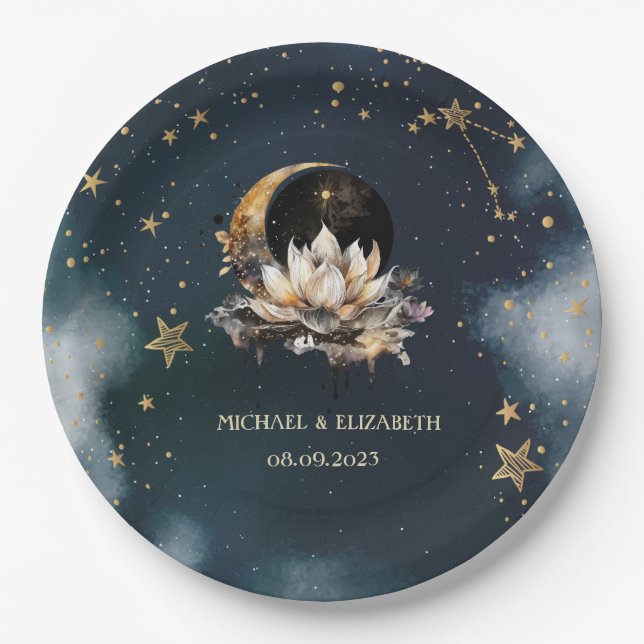 Celestial Gold Sun,Moon,Stars Lotus Night Sky  Paper Plate (Front)