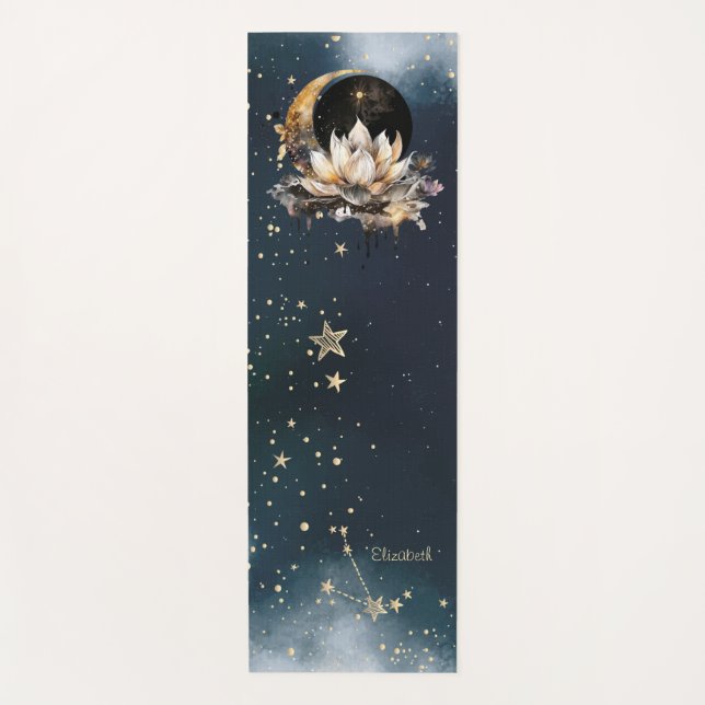 Celestial Gold Sun,Moon,Stars Lotus Night Sky Yoga Mat (Front)