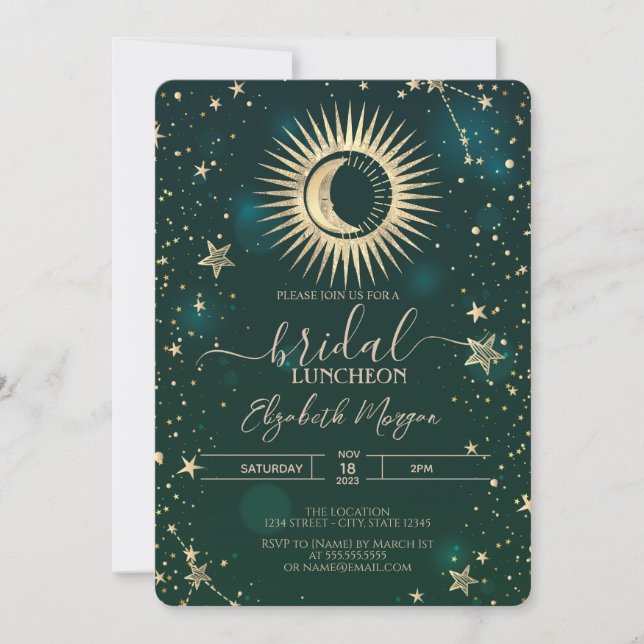 Celestial Gold Sun Moon Stars Luncheon Green Invitation (Front)