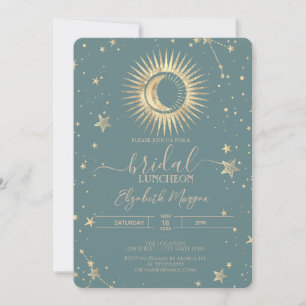 Celestial Gold Sun Moon Stars Luncheon Mint Green Invitation