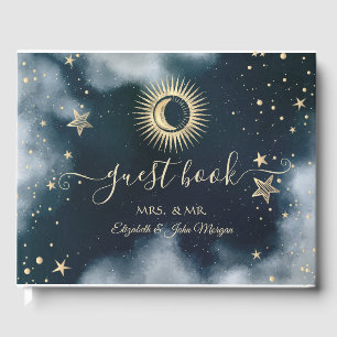 Celestial Gold Sun,Moon,Stars Night Sky Guest Book
