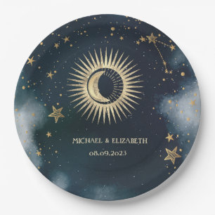 Celestial Gold Sun,Moon,Stars Night Sky  Paper Plate