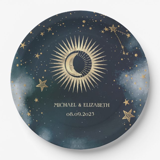 Celestial Gold Sun,Moon,Stars Night Sky  Paper Plate (Front)