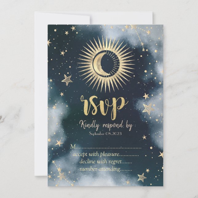 Celestial Gold Sun,Moon,Stars Night Sky RSVP   Invitation (Front)