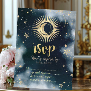 Celestial Gold Sun,Moon,Stars Night Sky RSVP   Invitation