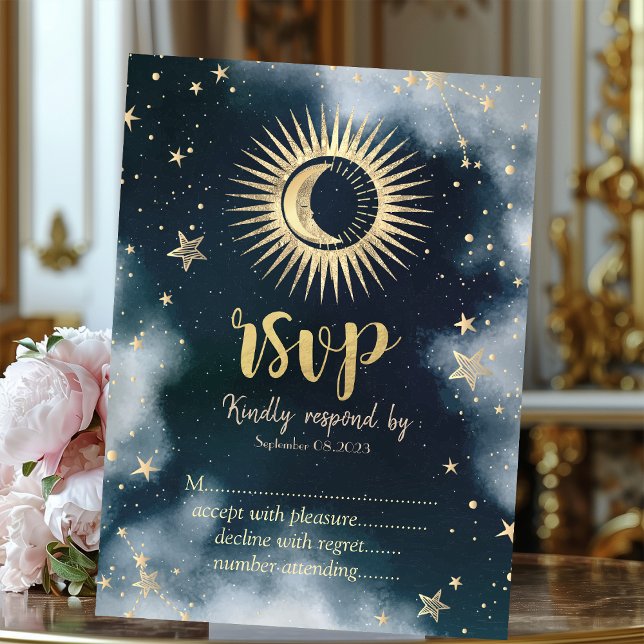 Celestial Gold Sun,Moon,Stars Night Sky RSVP   Invitation (Creator Uploaded)