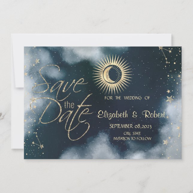 Celestial Gold Sun,Moon,Stars Night Sky Save The Date (Front)