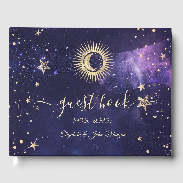 Celestial Gold Sun,Moon,Stars Purple Guest Book (Front)