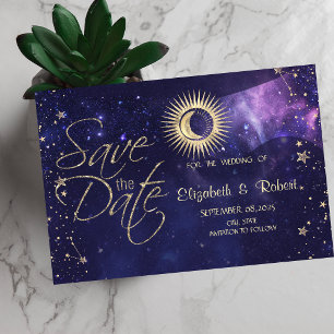 Celestial Gold Sun,Moon,Stars Purple Save The Date