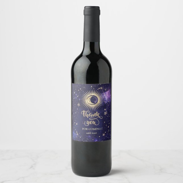 Celestial Gold Sun,Moon,Stars Purple Wine Label (Front)