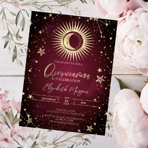 Celestial Gold Sun Moon Stars Red Quinceanera Invitation