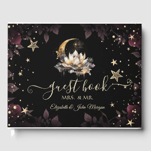 Celestial Gold Sun,Moon,Stars Roses Night Sky Guest Book