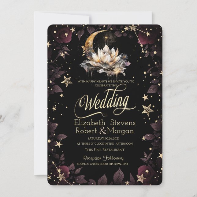 Celestial Gold Sun,Moon,Stars Roses Night Sky Invitation (Front)