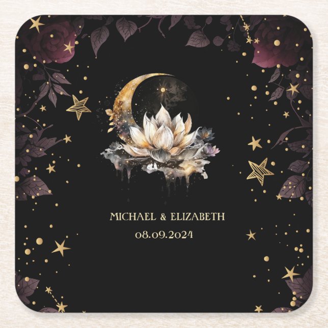 Celestial Gold Sun,Moon,Stars Roses Night Sky Square Paper Coaster (Front)
