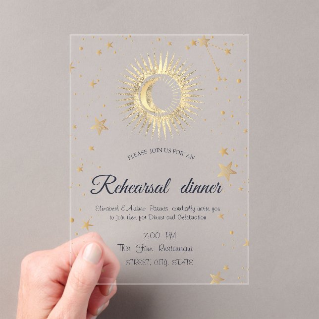 Celestial Gold Sun,Moon,Stars Watercolor  Acrylic Invitations (Insitu (Handheld))