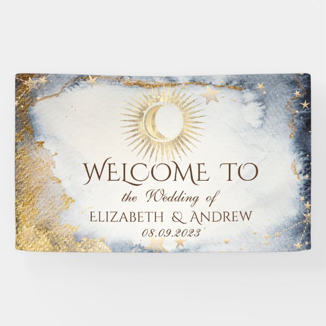 Celestial Gold Sun,Moon,Stars Watercolor  Banner (Horizontal)