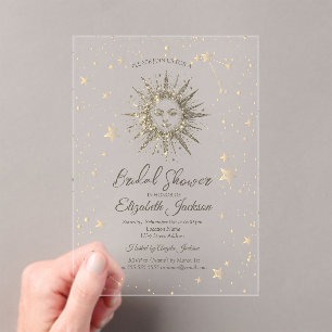 Celestial Gold Sun,Stars Navy Blue Bridal Shower Acrylic Invitations