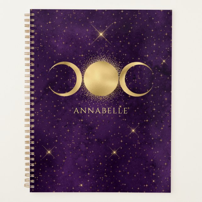 Celestial Gold Triple Moon Purple Personalised Planner (Front)