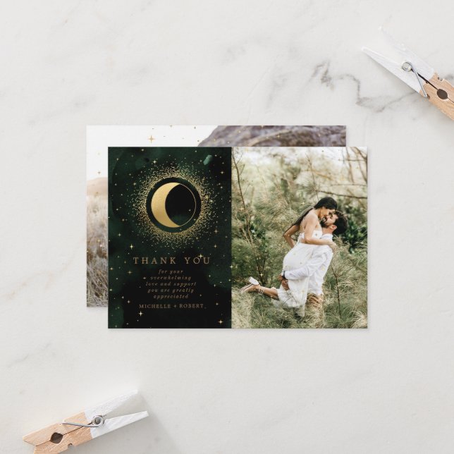 Celestial Gold Two Photo Wedding Thank You Card (Front/Back In Situ)