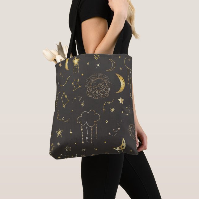 Celestial Golden Stars, Moon & Constellations Tote Bag (Close Up)